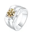 S925 sterling silver ring for men with a champagne center stone and white side stones - Adjustable Open / One Carat / Light Yellow