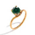 Elegante anello placcato oro 18 carati con fascia a onde e zircone verde tondo - Oro - Maggio Verde - 1 Pezzo