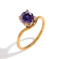 Anello minimalista in acciaio placcato oro 18K con zircone rotondo di colore viola - Oro - Giugno Porpora - 1 Pezzo