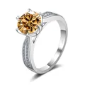 S925 sterling zilveren ring met ronde champagne moissaniet en een zes-klauw zetting - HK Maat 9 / 1 ct / Champagne