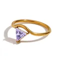 V-shaped 18K gold plated ring with a triangle-cut purple zircon in wave-band design - Gold - February Violet