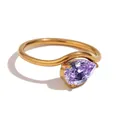Chic 18K gold plated ring with teardrop purple birthstone and wavy band design - US7 (Perimeter 54mm) / Wave Waterdrop Style (TR25141) / Gold - February Violet