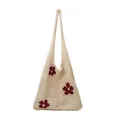 Beige Häkel-Einkaufstasche mit roten Blumenmustern für Damen im sommerlichen Strand-Look - Weiß