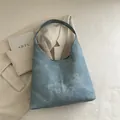 Vintage grey-blue hobo bag with wide shoulder strap and large capacity texture - Light Blue