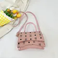 Pink vintage bucket bag with cartoon bear print and curved base for women - Pink Large