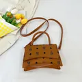 Brown bucket bag with bear print, lychee texture, and dual handles for women - Brown Large