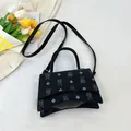 Vintage black bucket bag with bear print and rhombic patterns with a long shoulder strap - Black Large