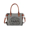 Vintage gray canvas tote bag with brown leather handles and French Paris letter print - Gray