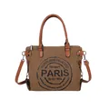 Retro khaki canvas tote bag with brown leather handles and Paris airport vintage print - Brown