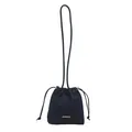 Minimalist deep blue denim drawstring bucket bag with silver metal logo and thin straps - Dark Blue