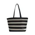 Bolso tote de gran capacidad a rayas blancas y negras con correas de cuero - 30x18.5x27cm / Negro