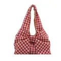 Red and white gingham plaid tote bag featuring a large decorative bow and integrated handles - Red and White Gingham Bow Style / Red