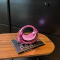 Glossy magenta crescent handbag with gold chain strap and integrated ring handle - Crescent Style (6154) / Pink