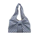 Blue and white gingham tote bag featuring a large decorative bow and casual style - Blue