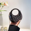 Glossy dark grey crescent handbag with quilted pattern and elegant gold chain strap - Quilted Circular Style (6156) / Gunmetal