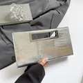 Silver crocodile texture clutch bag with metallic handle for women modern evening style - Silver