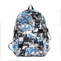 Blue graffiti style student backpack with large capacity and cartoon street art print - Blue