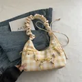 Yellow and white checkered tote bag with ruffled handle and decorative yellow bow detail - Yellow