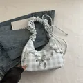 Blue and white checkered tote bag with pleated handle and ribbon bow details - Blue