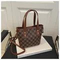 Close-up of brown checkered bucket bag with leather handles and metallic hardware - Brown