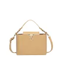 Elegant woven leather handbag with iconic gold V-logo buckle and adjustable strap - Khaki