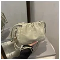 Sage green ruched bucket bag with drawstring closure and chain strap for women - Green