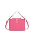 Vibrant pink woven textured handbag with golden V buckle and adjustable strap - Deep Pink