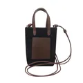 Vertical black suede crossbody phone bag with brown leather handles and strap details - Black