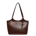 Brown faux leather tote bag with gold logo and woven bell charm on white background - No Pendant / Brown