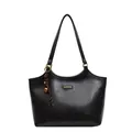 Classic black faux leather tote bag with a golden bell charm and shoulder strap - No Pendant / Black