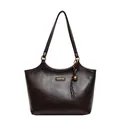 Dark brown leather tote bag with golden hardware and fashion plaque in a minimalist style - No Pendant / Brown