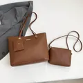 Brown lychee leather tote bag set including large handbag, crossbody bag and card holder - Brown