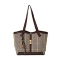 Vintage brown plaid tote bag with faux leather trim and metallic clasp for women - Single Bag / Khaki