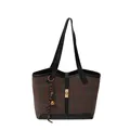 Tweed tote bag in brown houndstooth pattern with black leather trim and bell charm - Single Bag / Brown