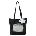 Japanese style black pleated tote bag with clear PVC window and star plush charm accessory - Black