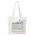 Creamy white large tote bag with a clear front window and blue plush star pendant - White
