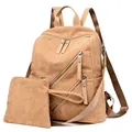 Corduroy backpack set with two pieces in camel brown featuring multiple zipper pockets - Yellow