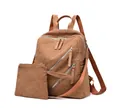 Stylish brown corduroy backpack and small pouch set featuring multiple zipper pockets - Brown