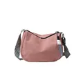 Pink corduroy crossbody bag with striped shoulder strap and decorative knot detail - Pink