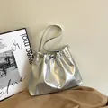 Silver metallic pleated tote bag with chic bow detail and drawstring closure - Silver