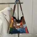 Bohemian patchwork floral tote bag with geometric animal patterns and fashion label - Colorful