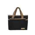 Minimalist black canvas tote bag with brown straps and functional front pocket - Black
