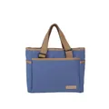 Dark blue canvas tote bag with brown handles and fashion tag in a variant view - Blue