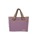 Purple canvas tote bag with brown woven handles and multi-pocket functional design - Purple