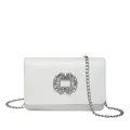 Elegant white crossbody bag with silver crystal buckle and metal chain strap - White