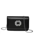 Elegant black minimalist square shoulder bag with rhinestone buckle and silver chain strap - Black
