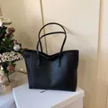Large black tote bag with lychee grain texture and long leather shoulder straps - Black Without Pendant