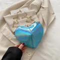 Heart-shaped holographic laser chain bag in gradient blue with gold metal strap - Blue