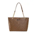 Brown vintage tote bag with geometric floral patterns and gold deer pendant - Yellow