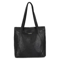Large black woven tote bag with gold metal logo and minimalist faux leather shoulder strap - Black